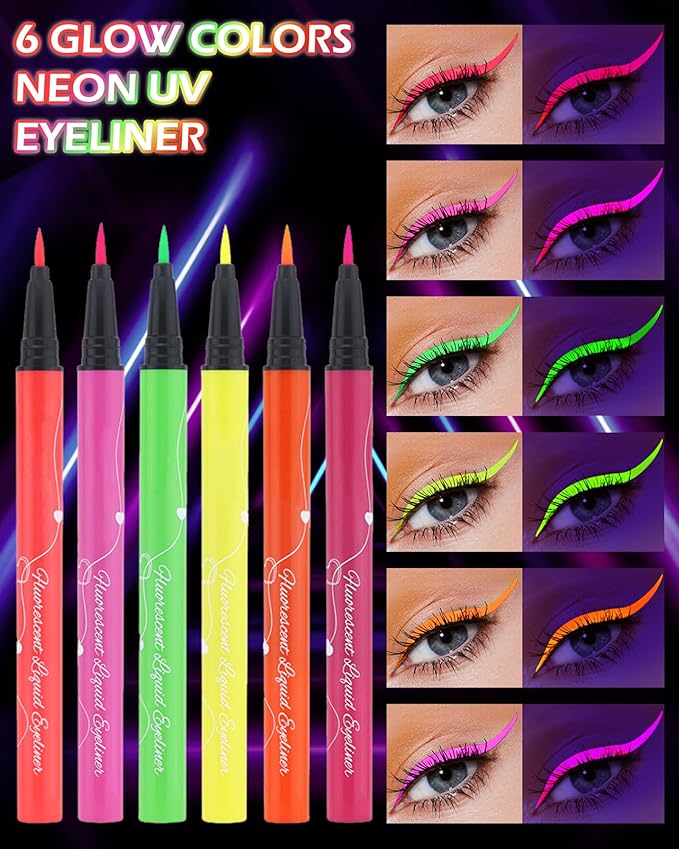 UV Glow Neon Liquid Eyeliner Set-6 Colors Matte Rainbow Eye Liner Pen, Colored Luminous Neon Eyeliner, Waterproof Smudge Proof, High Pigmented Colorful Eyeliner for Women Girl Rave Halloween Makeup