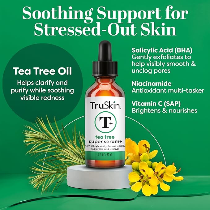 TruSkin Tea Tree Oil Acne Treatment Serum for Face - Salicylic Acid, Niacinamide, Vitamin C & Retinol - Clarifying Super Facial Serum for Acne-Prone Skin & Pores, 1 Fl Oz