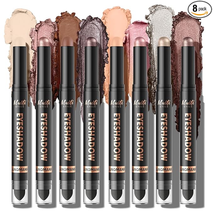 LANGMANNI 8Colors Dual-Ended Cream Eyeshadow Stick Set – Silky Smooth, Waterproof & Transfer-Proof, Built-in Blender Brush, All-Day Matte & Shimmer Wear Eye Makeup(#A)