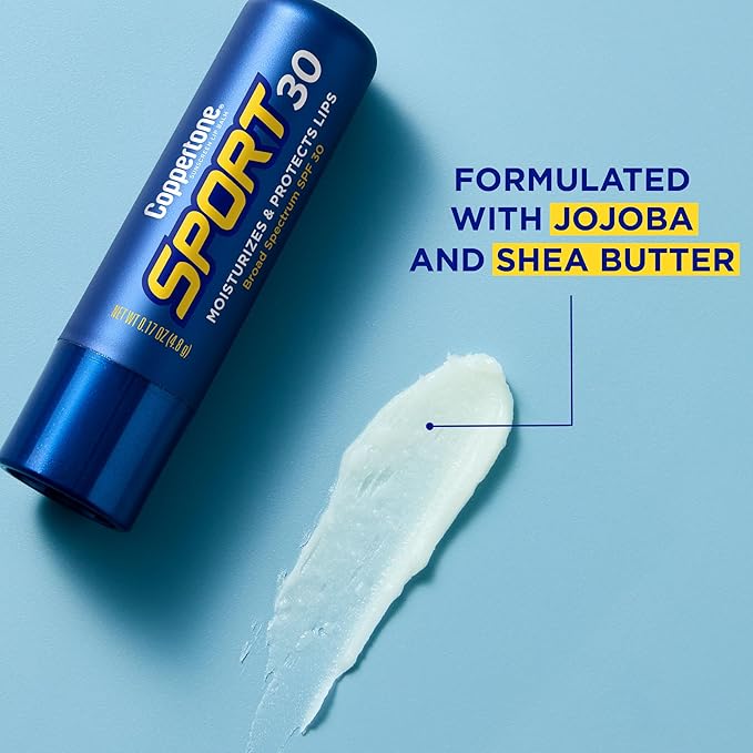 Coppertone Sport SPF 30 Lip Balm, Broad Spectrum SPF 30 Sun Protection With Jojoba and Shea Butter, Hydrates Lips, 0.17 Oz Stick