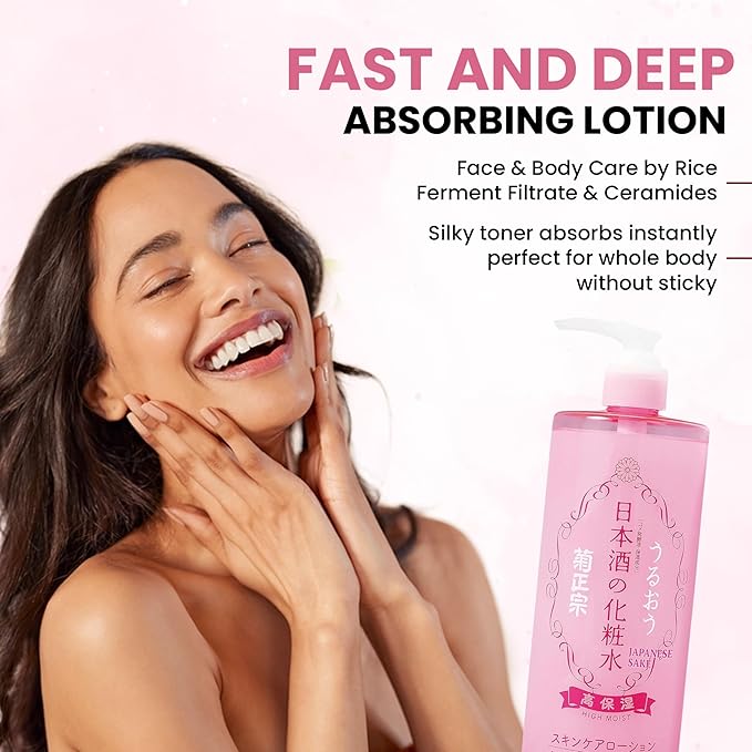 Kikumasamune 2-in-1 Face Toner + Full Body Lotion for Women, Natural Body Lotion for Dry Skin with Rice Extract, Amino Acids, Ceramides& Protein, Japanese Skin Care Lotion, HIGH MOIST, 16.9 Fl Oz
