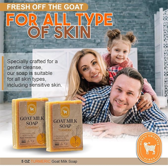Honey Sweetie Acres 2-Pack Turmeric Goat Milk Soap - All Natural 5 oz Handmade Bar Soap – Moisturizing, Gentle for Sensitive Skin, Eco-Friendly, Made in the USA