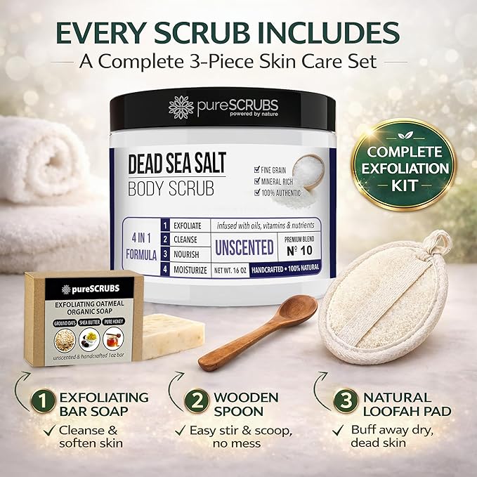 pureSCRUBS Premium Unscented Body Scrub Set - Large 16oz Dead Sea Salt Scrub, Sensitive Dry Skin Formula Includes Wooden Spoon, Loofah & Oatmeal Exfoliating Bar Soap - Spa Gift For Women