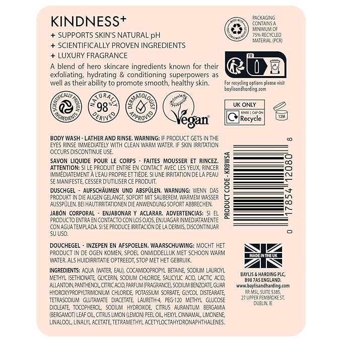 Baylis & Harding Kindness + Salicylic Acid Cleanse & Glow, Dewbury & Lime Leaf Fragrance, 16.9 fl. oz Body Wash (Pack of 3) - Biodegradable Formula - Vegan Friendly