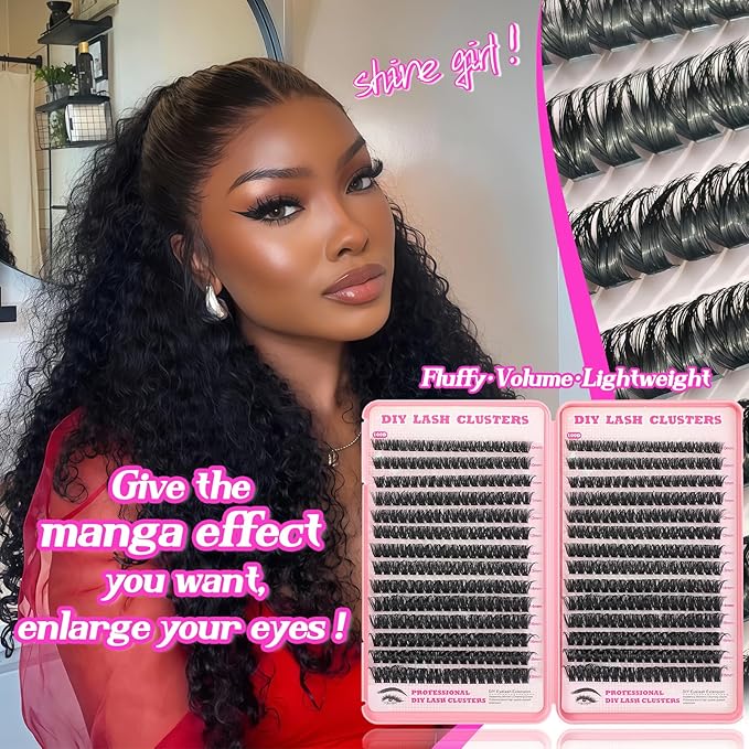 Manga Lash Clusters Kit, 504 Pcs Fluffy Eyelash Clusters Extensions 100D+100D D Curl Individual Wispy False Eyelashes Kit with Lash Bond, Lash Remover, Lash Tweezers, Lash Brush (Lash Clusters10-18mm)