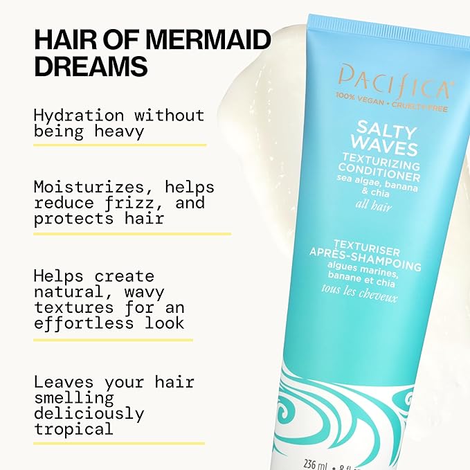 Pacifica Salty Waves Texturizing Shampoo & Conditioner Set – Beachy Waves Hair Care for Fine or Wavy Hair, Sea Salt & Banana for Volume & Texture, Sulfate Free Surf Hair Duo, 12 oz Each