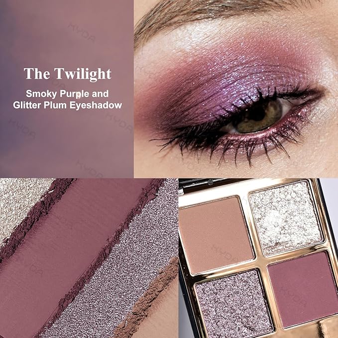 KYDA 4 Colors Purple Eyeshadow Palette, Dark Plum Glitter Eyeshadow, Shimmer Pearl Sparkling Smokey Purple Eyes Shadow, Ultra-fine Lightweight, High Pigment Eyes Glitter Makeup