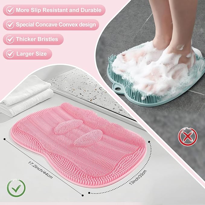 Bath Shower Foot Scrubber Mat - Silicone Shower Foot Scrubber Mat (XL) Cleaner Foot Toes Clean Pad Without Bending Non-Slip Suction Cups Bathroom mat 17.2 * 13 inch - Pink