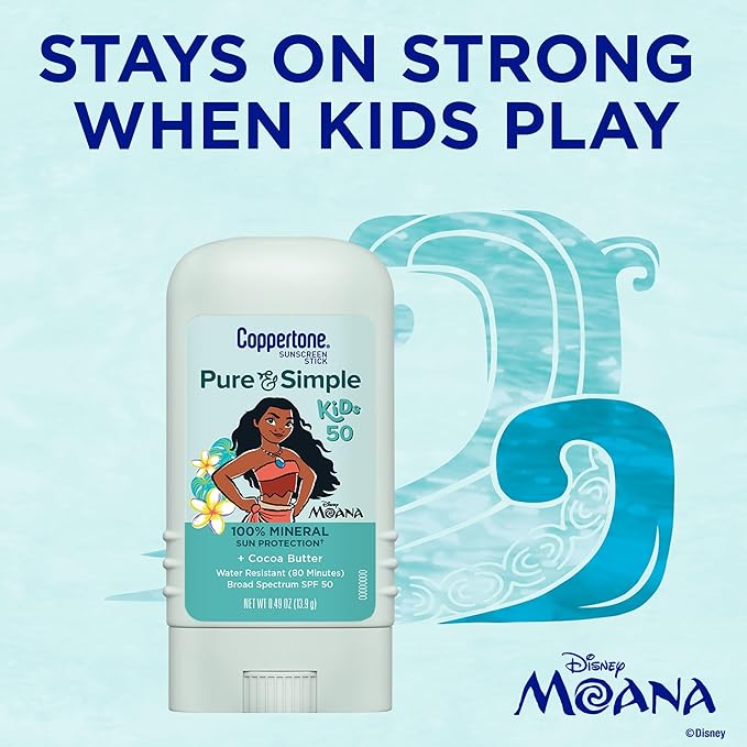 Coppertone Pure and Simple Kids Exclusive Disney Moana Sunscreen Stick SPF 50, Hypoallergenic, Mineral Sunscreen for Kids, Water Resistant, Oxybenzone and Octinoxate Free, 0.49 Oz Stick