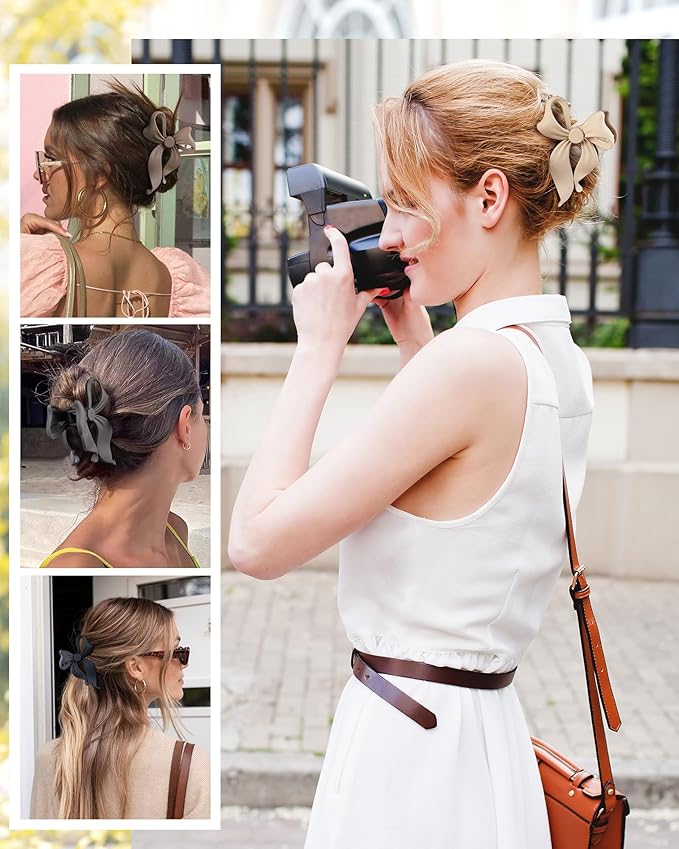 4 PCS Bow Hair Clips Bow Claw Clip for Women, Large Hair Claw Clips for Thin Thick Long Hair Cute Nonslip Bows (Black+Grey+Dark Brown+Light Brown)
