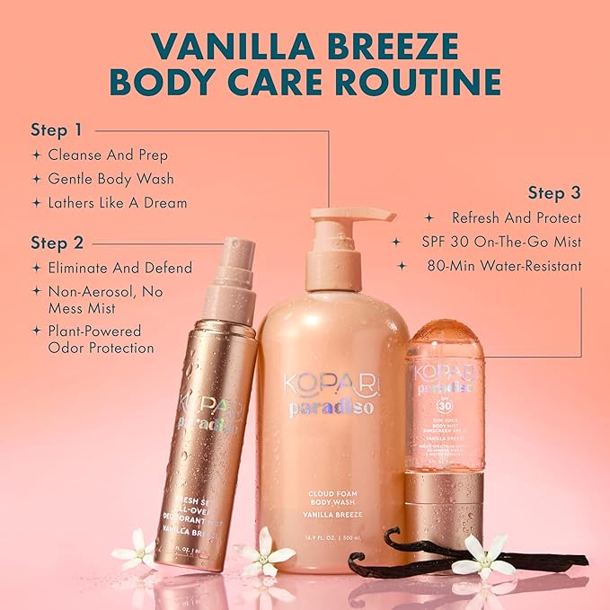 Kopari Paradiso Sun Juice SPF 30 Body Mist – Vanilla Breeze | Clear Non-Sticky Broad-Spectrum Sunscreen Mist, 80-Min Water-Resistant