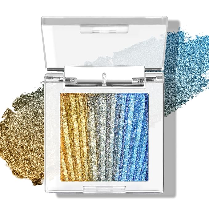Half Magic Glitter Eyeshadow, Multi Chromatic Glitter Eyeshadow, 3-Color Gold-Gray-Blue Chameleon Iridescent Holographic Cream Eye Shadow, #01