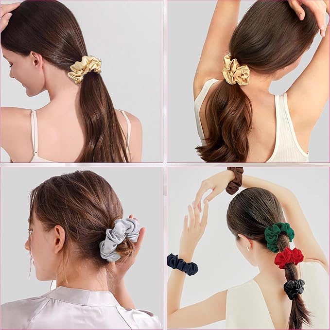 100% Pure Mulberry Silk Hair Ties, 4 Pack - Black, Champagne & Grey, 16 Momme Silk Scrunchies for Women, Girls & All Hair Types