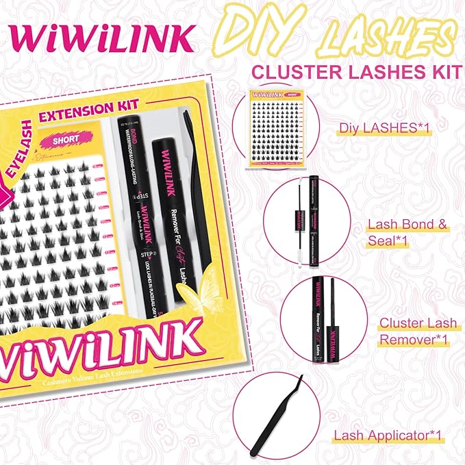 Manga Lash Clusters Kit 8-14mm Wispy Eyelash Clusters DIY Lash Extension Kit Waterproof Anime Lashes Spikes Thin Band 0.3mm Individual Cluster Eyelash Extensions, California Sunset Short-Kit