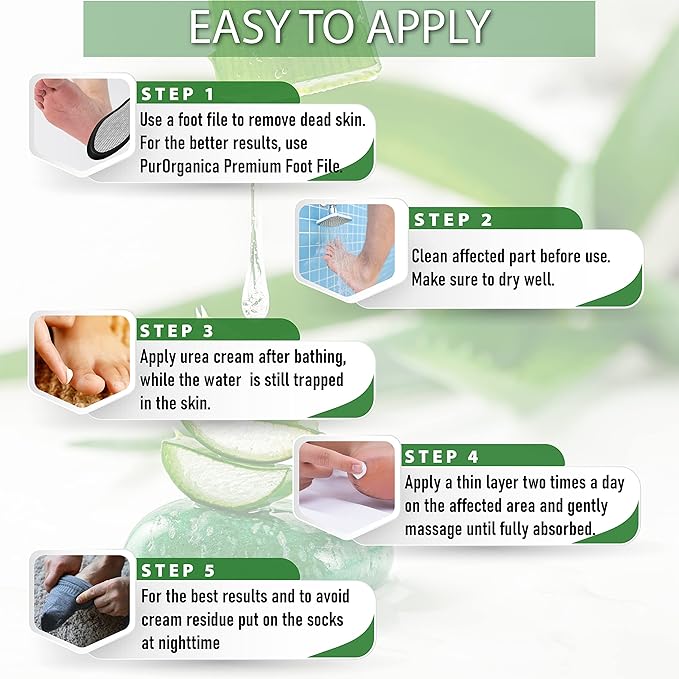 PurOrganica Urea 40% Foot Cream - Made in USA - Callus Remover - Moisturizes & Rehydrates Thick, Cracked, Rough, Dead & Dry Skin - For Feet, Elbows and Hands - With Pumice Stone and Brush