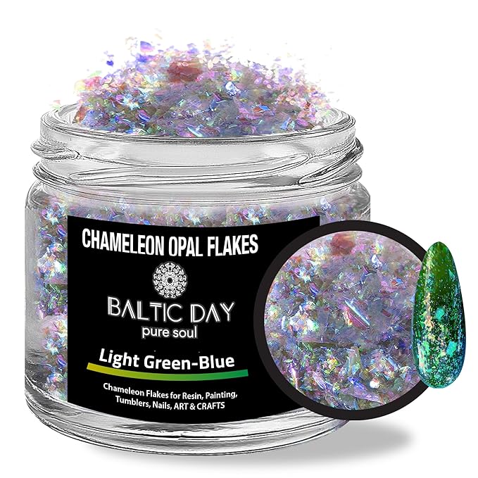 BALTIC DAY Chameleon Opal Flakes [Light Green/Blue] – Color Shift Mica Pigment Powder for Epoxy Resin, Tumblers, Nail Art, Eyeshadow, Makeup, Molds, and More – Chrome Color Shift Powder
