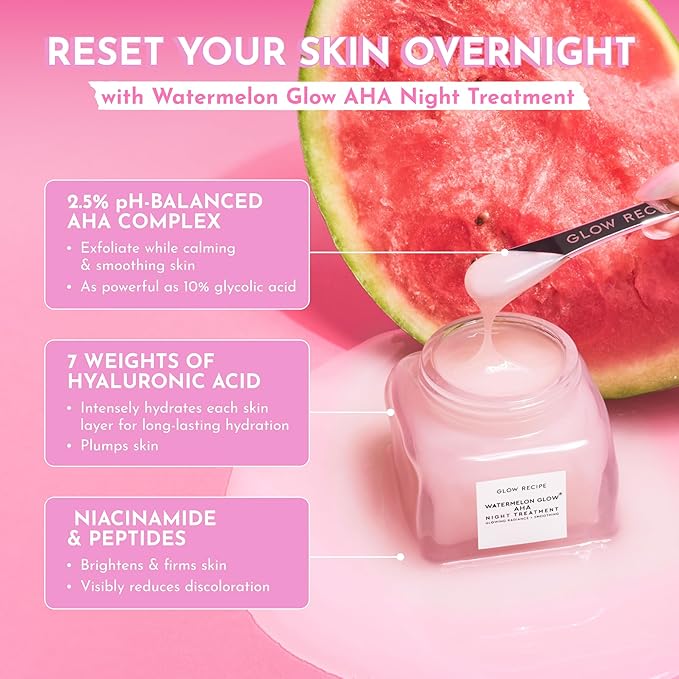 Glow Recipe Watermelon Glow AHA Night Treatment, Travel Size Overnight Mask, AHA Exfoliating Treatment with Glycolic + Lactic Acid, Hyaluronic Acid + Niacinamide, Smooth Even Tone Glow (25 ml)