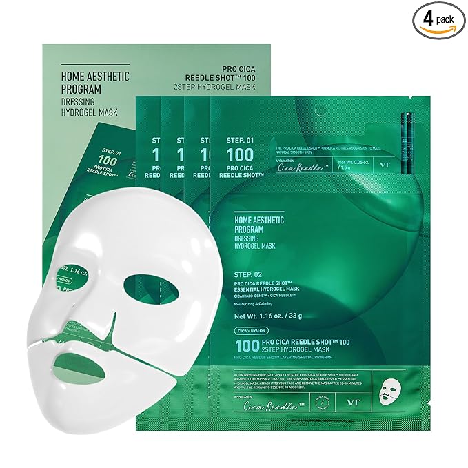 VT COSMETICS Pro Cica Reedle Shot 100 2-Step Hydrogel Mask(34.5gx4ea), Intensive Calming, Exosome Centella Asiatica, Blemish Relief, Overnight Melting Mask, Korean Facial Mask