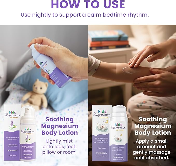 Kids Magnesium Lotion & Magnesium Sleep Spray Set - Calming Lavender Magnesium Oil Spray for Kids Bedtime + Soothing Body Lotion for Nighttime Legs & Feet Comfort, Aromatherapy Lavender & Neroli
