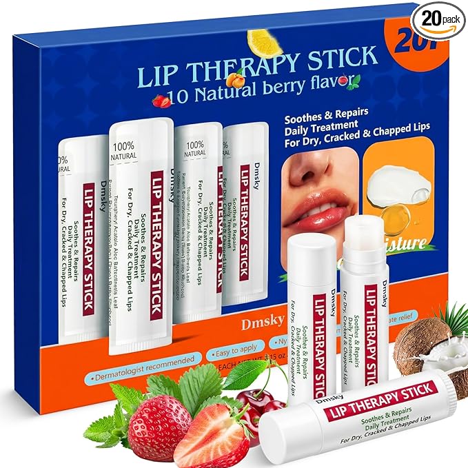 Dmsky Lip Therapy Lip Balm Stick,10 Natural Berry Flavor Healing Hydrating Chapstick Bulk for Chapped Lips Severe,Dry Lips,0.15 OZ,Pack of 20