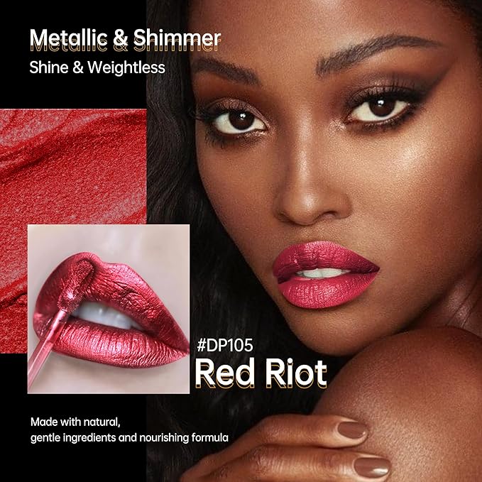 Depuplum Red Lipsticks for Women Metallic Lipstick Long Lasting Shimmer Lip Gloss Metal Shine Glitter Waterproof Lipsticks Full Coverage Lip Color for Mother's Day,DP105 Red Riot