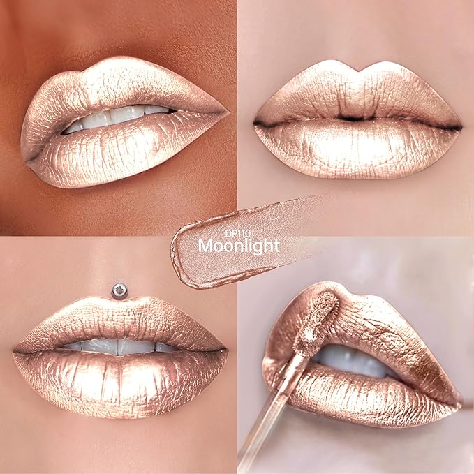 Depuplum Silver Lipsticks for Women Metallic Lipstick Long Lasting Shimmer Lip Gloss Metal Shine Glitter Waterproof Lipsticks Full Coverage Lip Color for Mother's Day,DP110 Moonlight