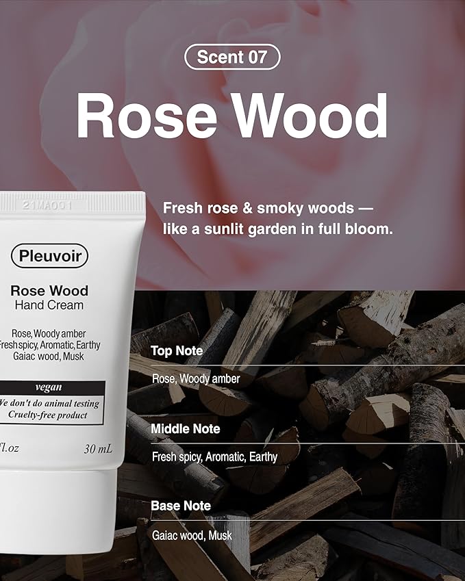Pleuvoir Rose Wood Perfume Hand Cream for Men & Women, Modern Woody Rose Niche Fragrance, Travel Size with 5 Hyaluronic Acids, Shea Butter & Jojoba Oil, Non-Greasy K-Beauty, French MANE, Vegan 1 oz