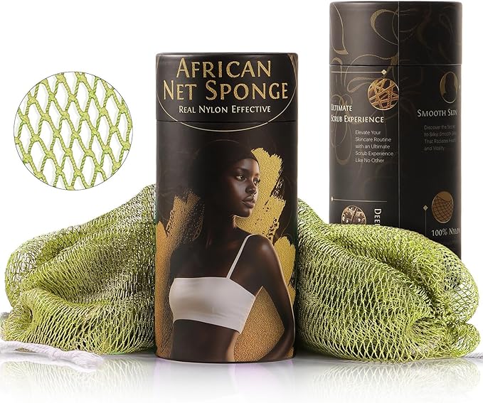 African Net Sponge Authentic Exfoliating Body Scrubber for Shower & Bath, Deep Cleansing Lather for Dead Skin Removal, Back Scrubber Gift for Women & Men（Army Green）