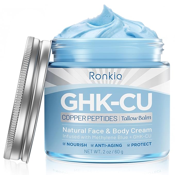 RONKIE GHK-Cu Peptide Cream for Face: Blue Beef Tallow Moisturizer with Copper Peptides Methylene Blue Gentle and Safe for Dry Sensitive Mature Skin 2oz