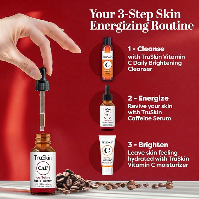 TruSkin Caffeine Face & Eye Serum - Energizing 5% Caffeine Serum with EGCG Niacinamide Matcha and Ginseng - Improve Look of Under Eye Dark Circles and Puffiness, 1 fl oz