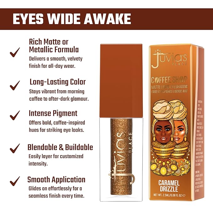 Juvia's Place Coffee Shop Liquid Eyeshadow Caramel Drizzle - Metallic Shimmer for Long-Lasting Color, Waterproof, and Glittering Finish - Buildable and Vibrant - Ideal for All Skin Tones, 0.08 fl oz