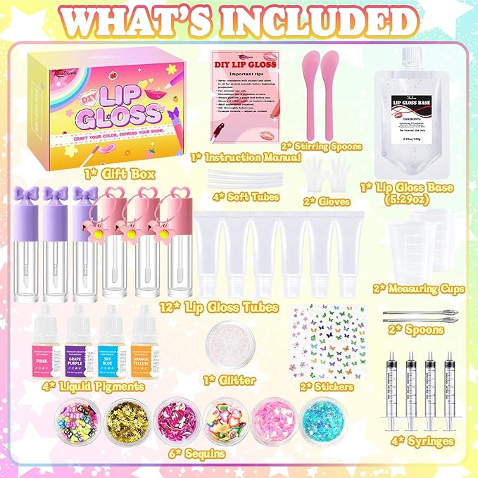 Thaluna Lip Gloss Making Kit, Lip Gloss Set for Women Lip Kit Fun DIY Lipgloss Making Kit, Make Your Own Lip Gloss Kit, Moisturizing Glitter Keychain Birthday Gifts Girls Trendy Stuff