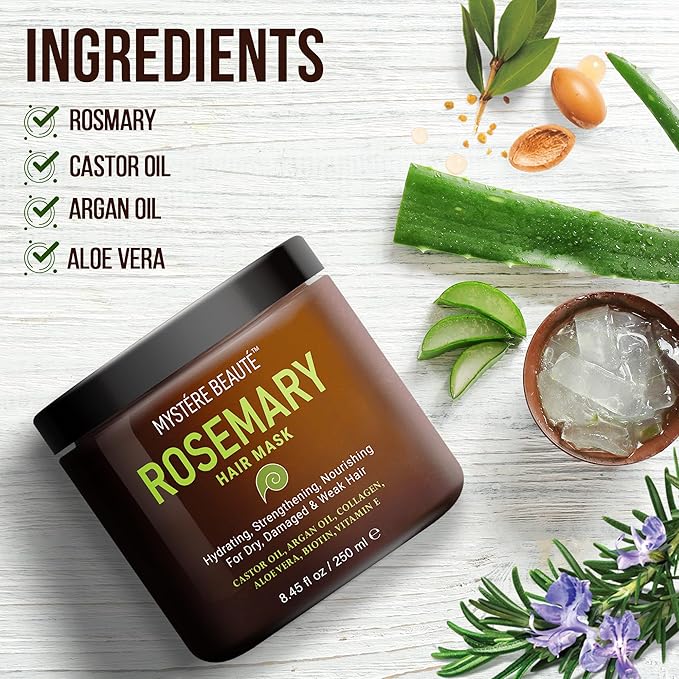MYSTÉRE BEAUTÉ Rosemary Deep Conditioning Hair Mask for Dry Damaged Hair and Growth with Collagen Argan Oil - Rosemary Oil Leave in Conditioner aceite de romero puro y natural 8.5 fl oz x 2 Pack