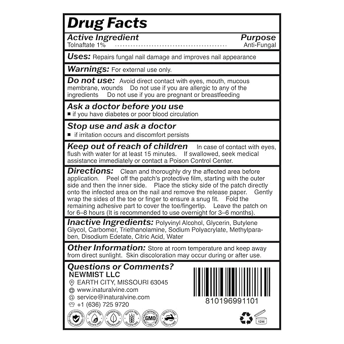 Natural Vine Fungal Nail Patches: Hydrogel Moisture Formula for Toenail and Fingernails - 8-Hour Nighttime Renewal with 1% Tolnaftate - Toenail Fungus Treatment Extra Strength 32 Patches