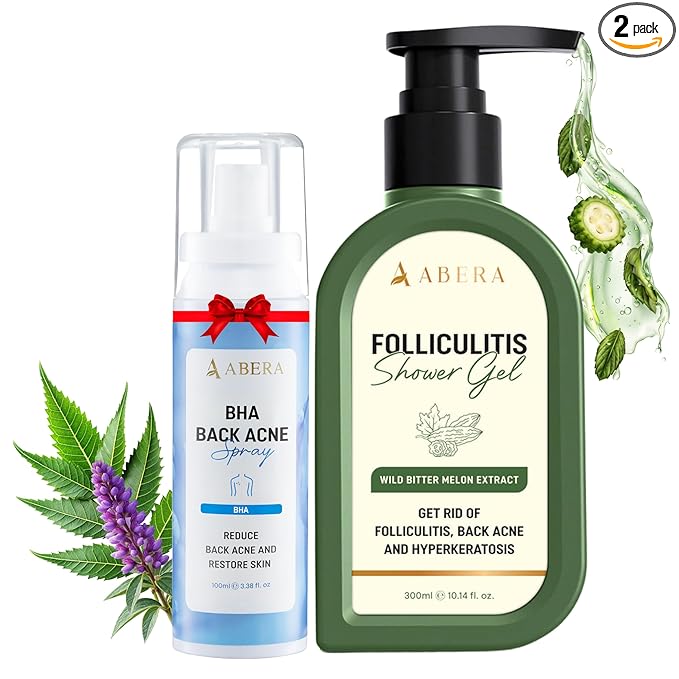ABERA Folliculitis Shower Gel, High-Performance BHA Body Wash with Wild Bitter Melon Extract, 1 BOX + GIFT Back Acne Spray with Neem & Scutellaria Extract, Azelaic Acid, Clears Acne & Fades Dark Spots