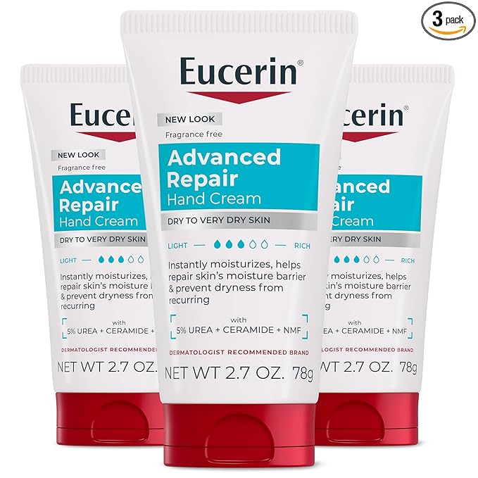 Eucerin Advanced Repair Hand Cream, Immediately Soothes and Repairs Very Dry Skin, Fragrance Free, Non Greasy, Fast Absorbing, Travel Size Hand Lotion, 2.7 Oz Tube, Pack of 3