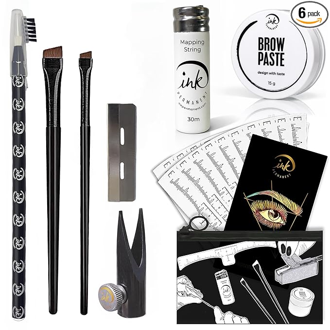 Eyebrow Mapping Kit with 30m White Mapping String, 15g White Brow Paste, 2 Eyebrow Brush Set, Microblading Pencil for Outlining, Pencil Shaper and Blades, 20 Brow Ruler Stencils + Instructions