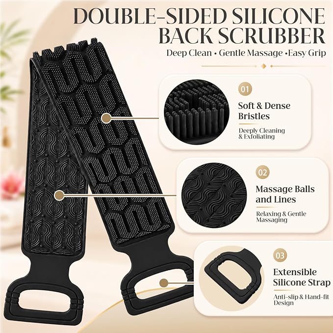 Manmihealth Silicone Back Scrubber for Shower, 33.8'' Exfoliating Body Scrubber with Long Strap Handle, Dual-Sided Extendable Back Washer for Men and Women (Black)