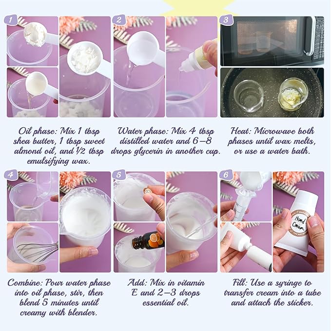 JCOOS Hand Cream Making Kit, Lotion Kit, DIY Handcream For Very Dry Hands, Almond Oil, Vitamin E, Tube, Essential Oils, Natural Whipped Shea Butter Body Butter Making Kit Gifts for Women