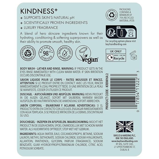 Baylis & Harding Kindness + Hyaluronic Acid, Pear & Orange Blossom Fragrance, 16.9 fl. oz Cleanse & Hydrate Body Wash (Pack of 3) - Biodegradable Formula - Vegan Friendly