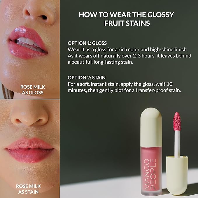Mango People Hydrating Glossy Fruit Lip Stain, Long Lasting Tint & Oil Stain, Lightweight Lip Makeup with High-Shine Finish for Soft, Smooth and Nourished Lips - Rose Milk