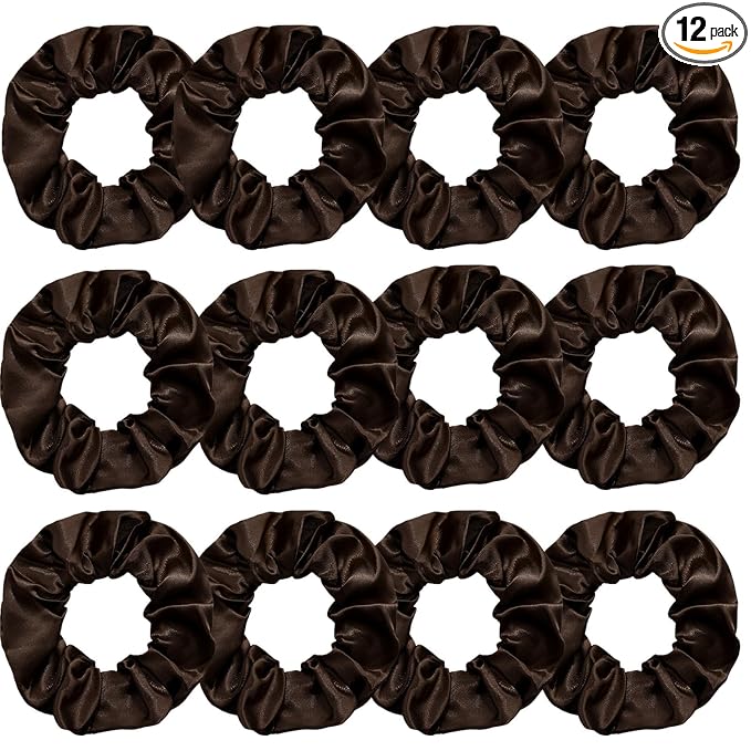 Silk Satin Scrunchies for Women Girls 12 PCS Brown Hair Scrunchies Silk Satin Hair Ties for Thick Hair Bulk Hair Ties Hair Accessories