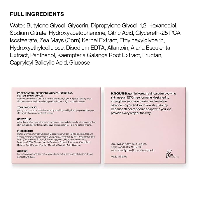Knours Pore Control Exfoliating Korean Toner Pads | LHA for Sensitive Skin | Refine Textured Skin and Blemishes, Control Sebum, Tighten Pores | 90 Count | 175ml/5.9 fl.oz
