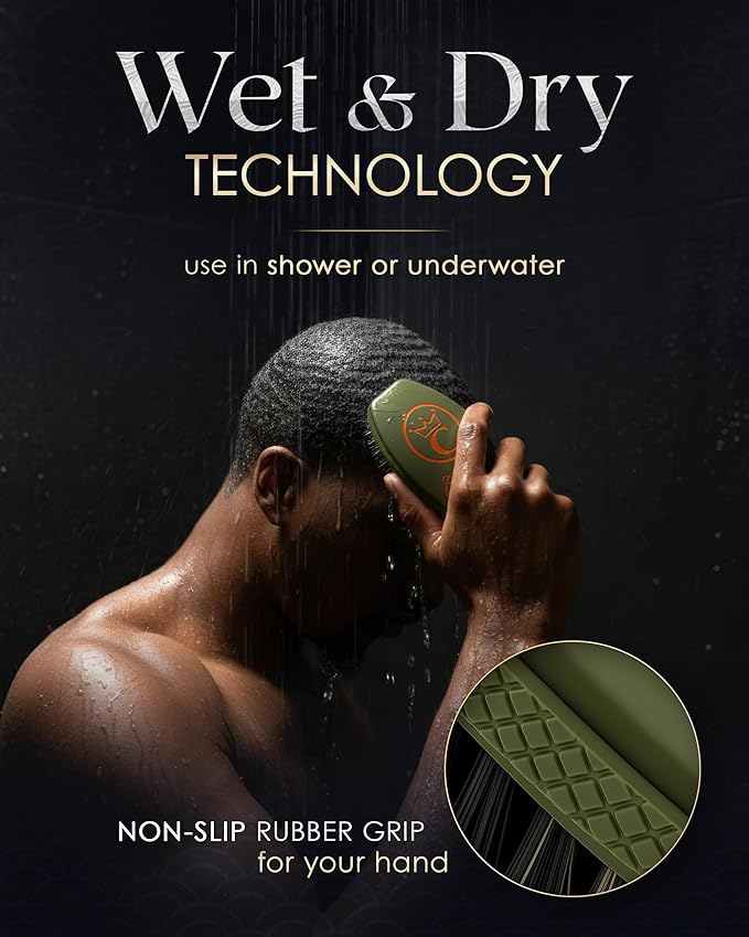 NEW OLIVE MEDIUM Crown Quality Products Curved 360 Wave Caesar 2.0 Mixed Boar Bristle Hairbrush - Non-Slip Grip, Waterproof, Debossed Logo, Indestructible Body - The Ultimate 360 Wave Brush