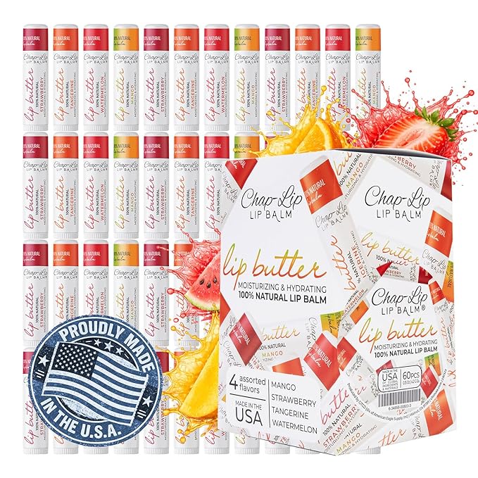 CHAP-LIP 100% All Natural Lip Balm Hydrating Bulk Chap Stick with Fruit Flavors, Coconut Oil, Cocoa Butter - Christmas Gift Stocking Stuffers Lip Therapy Pack for Men and Women - Made in USA, 60 Pack
