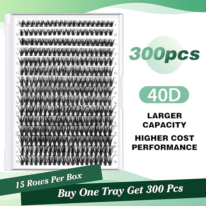KEYYOU Lash Clusters 300pcs Individual Lashes, 40D 0.07C Curl 9-18MIX DIY Eyelash Extension, Soft & Natural Volume Cluster Lashes with Large Tray