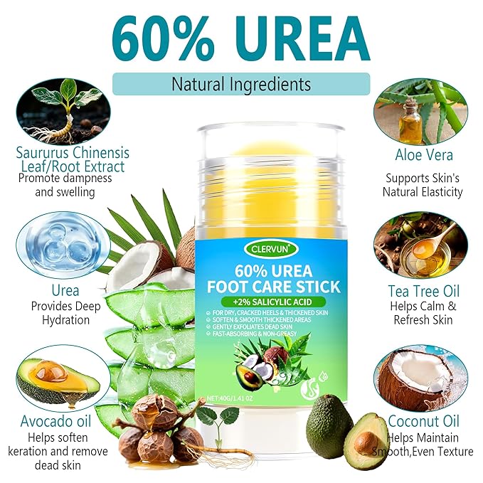 Urea Cream 60% plus Salicylic Acid 2% Urea Foot Care Stick, Foot Cream for Foot Callus Remover, Feet Moisturizer Stick, Foot Balm Stick for Dry Cracked Heels, Hands, Knees, Hydrating Heel Balm