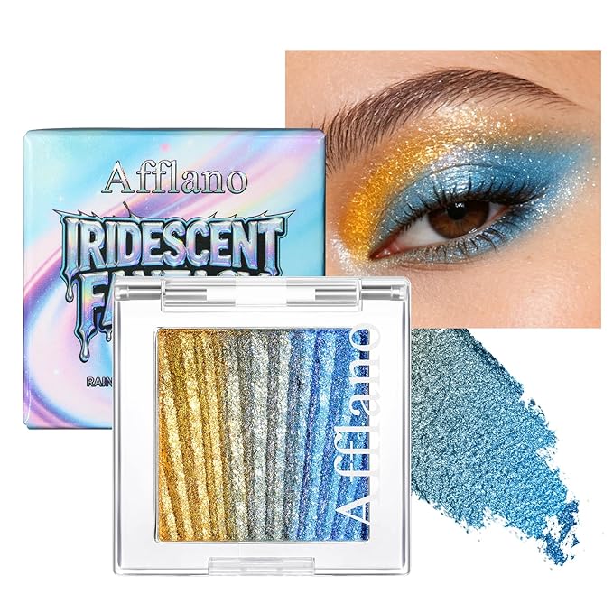 Afflano Colorful Multichrome Eyeshadow Single, Chameleon Duo Chrome Eyeshadow Palette Half Magic, Holographic Sparkle Yellow-Blue Color Shift Glitter Eye Shadow Make up/Iridescent Eyelid Makeup, #01