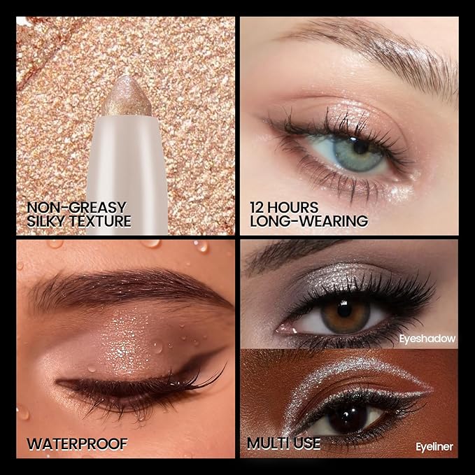 Noerrors 3Colors Glitter Eyeshadow Brightener Stick Set, Champagne&Pink&Pearl White Sparkle Cream Eyeliner&Eye Shadow Pencil with Brush, Waterproof Silky Smooth Shimmer Metallic Eye Highlighter Makeup