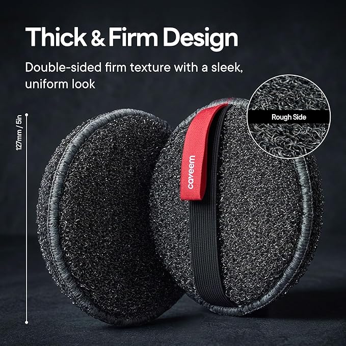 Caveem Round Exfoliating Body Scrubber, Shower Exfoliator Sponge, Body Scrub for Removing Dead Skin, Bath and Body Buffer, Round Exfoliating Sponge for Shower - 2 Pack (Dark Grey)